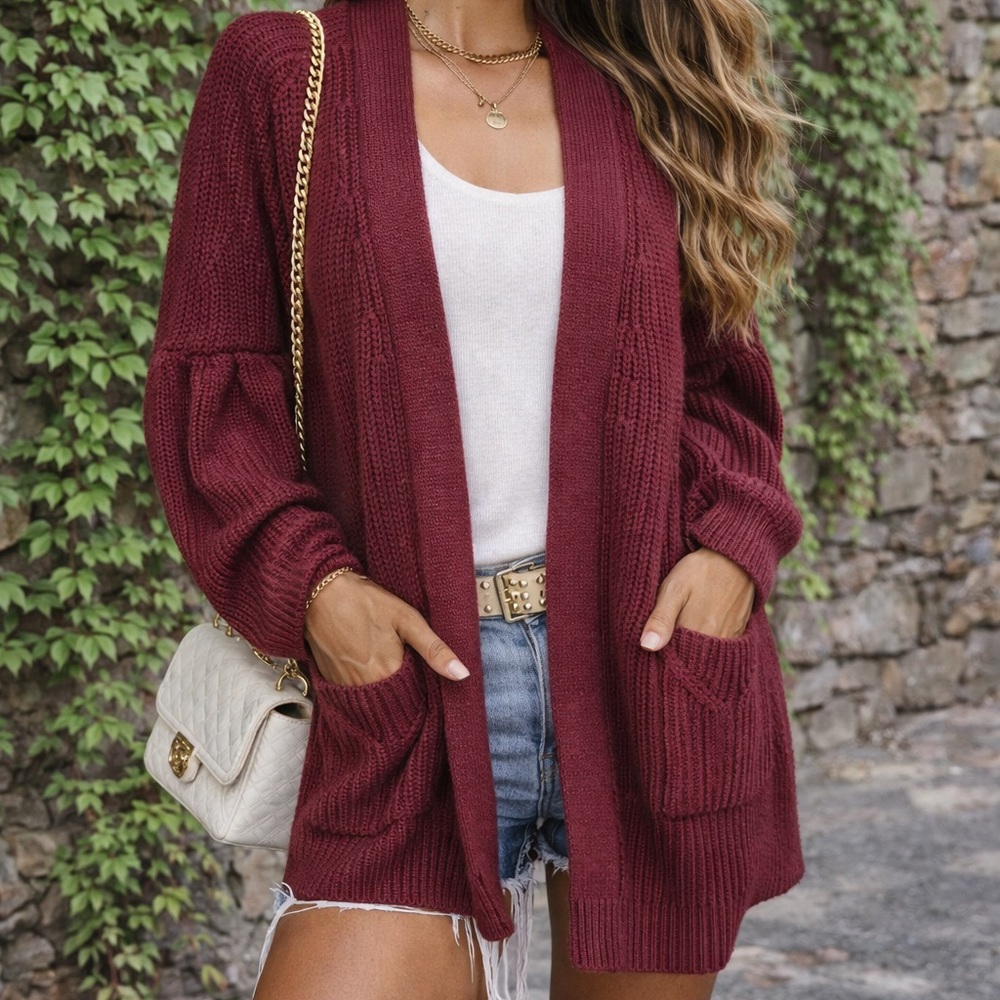 KNITTED & KNOTTED Boho Cranberry Ribbed Open Cardigan, S